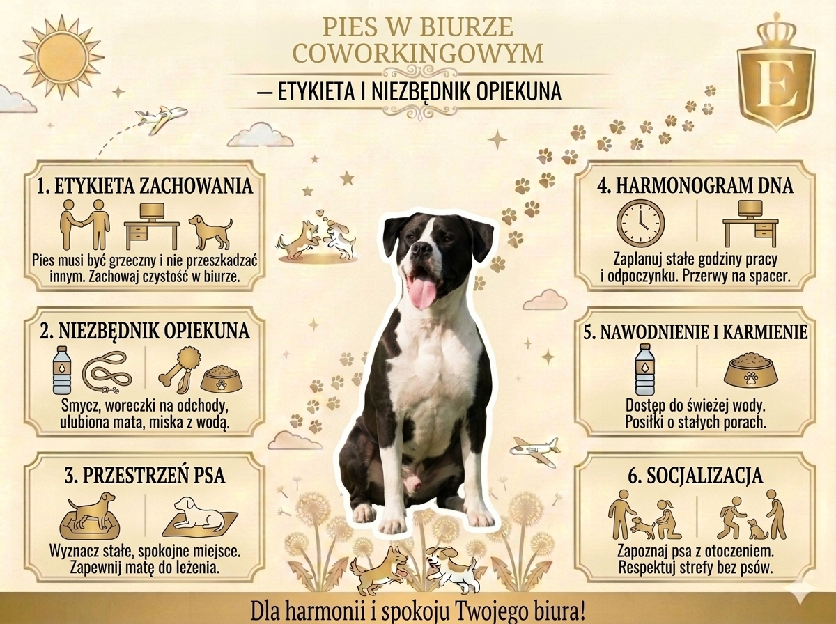 Infografika przedstawiająca zasady przyprowadzania psa do biura coworkingowego. Grafika omawia etykietę zachowania, niezbędnik opiekuna, przygotowanie spokojnej przestrzeni dla psa, harmonogram dnia, nawodnienie i karmienie oraz socjalizację pupila. W centrum znajduje się pies, a całość pokazuje, jak zadbać o komfort zwierzęcia, opiekuna i innych osób w biurze.